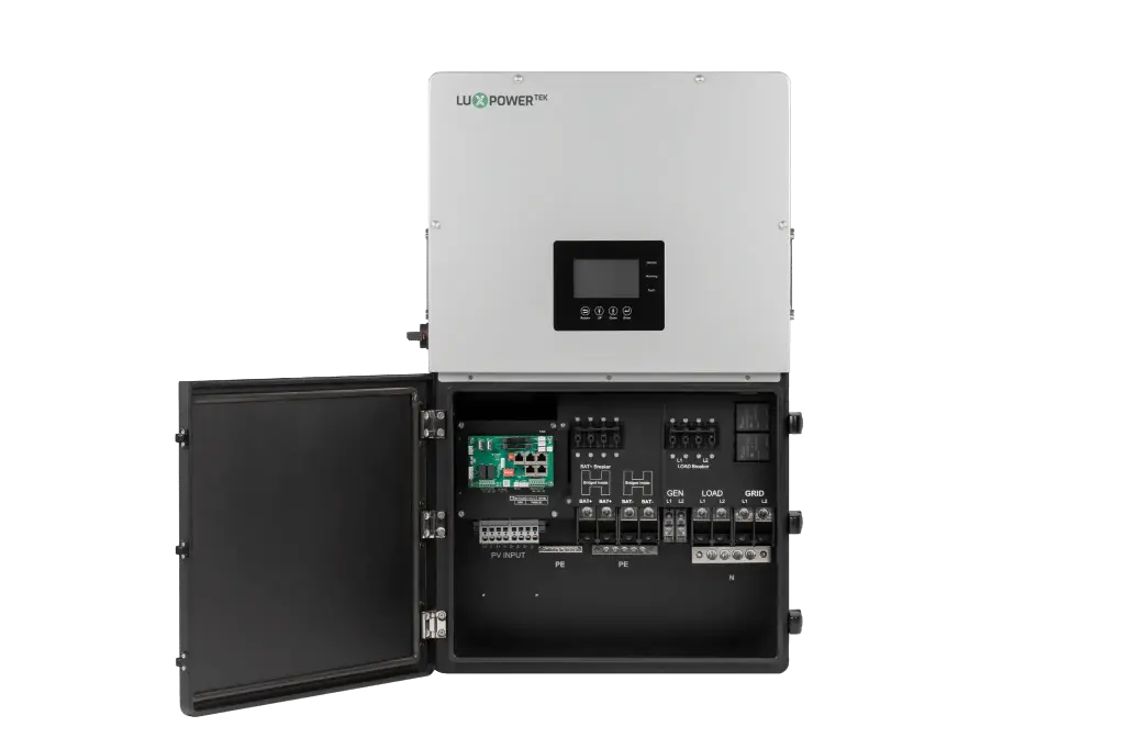 [LUX-LXP-LB-US-8K]  Inversor hibrido Luxpower de 8kW split phase 120/240V compatible con batería Lux-Li-5  y Pylontech US5000. Admite conexión en paralelo hasta 10 unidades.