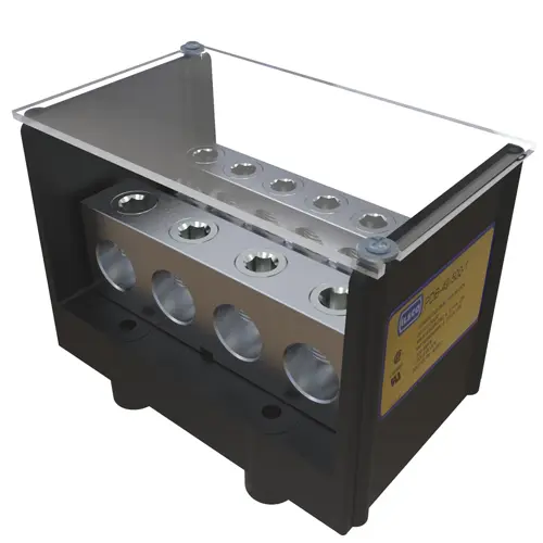 Bloque de distribución de energía, clasificación doble, rango de conductor de línea 500-4, rango de carga 350-6, 4/0-6, 4 puertos por polo en el lado de la línea, 9 puertos por polo en el lado de la carga, 1 polo, UL, CSA, incluye cubierta. ILSCO